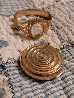 Gold Filigree Bracelet with Cameo And Vintage Estee Lauder Compact.